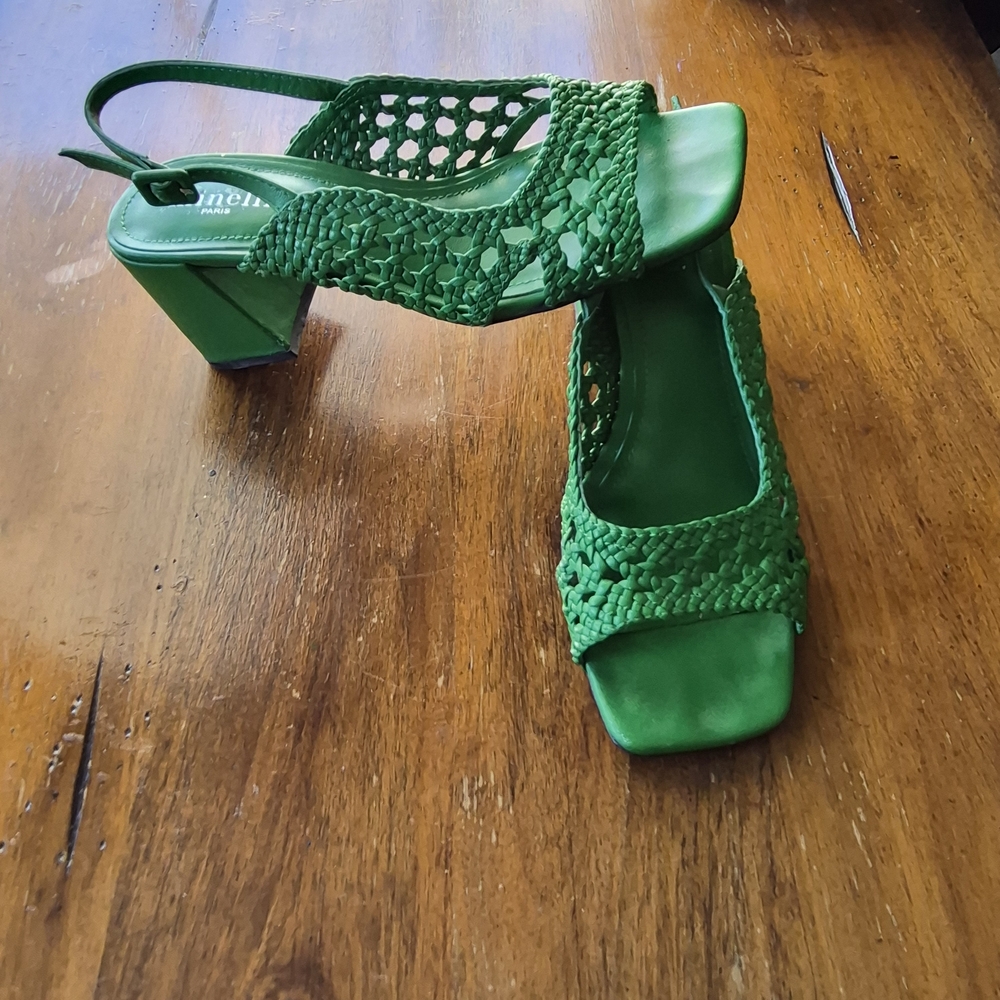 Minelli Green Woven Slingback Block Heels